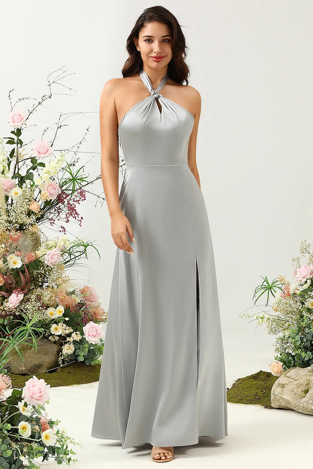 Simple Grey Halter Long Bridesmaid Dress with Slit sold by Zapaka