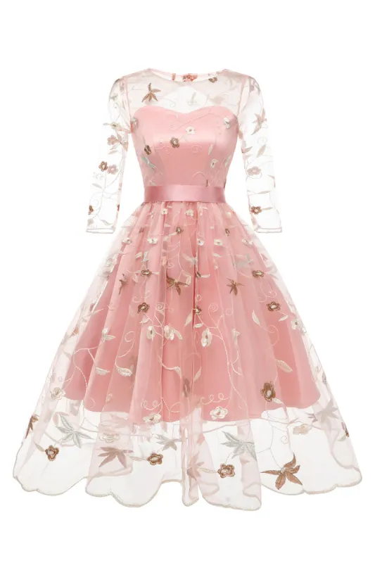 A Line Square Neck Pink 1950s Dress with Half Sleeves sold by Zapaka