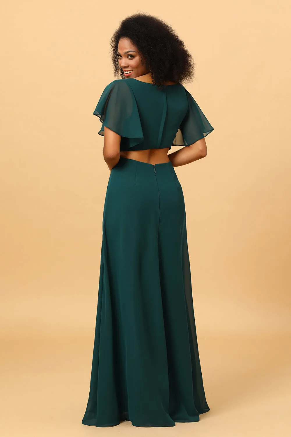 Dark Green V-Neck Long Chiffon Bridesmaid Dress with Ruffles sold by Zapaka product image thumbnail 2