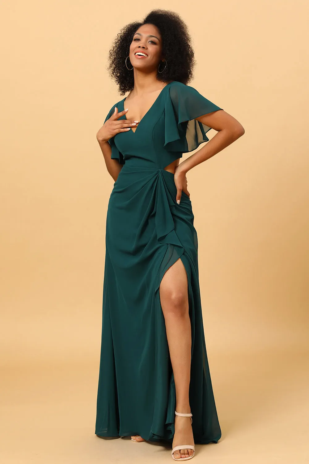 Dark Green V-Neck Long Chiffon Bridesmaid Dress with Ruffles sold by Zapaka product image thumbnail 5