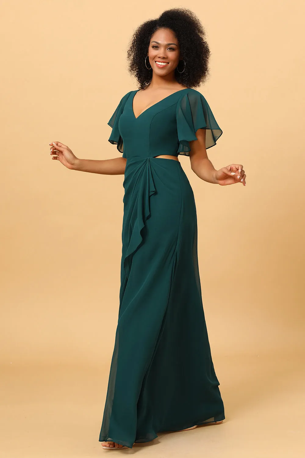 Dark Green V-Neck Long Chiffon Bridesmaid Dress with Ruffles sold by Zapaka product image thumbnail 3