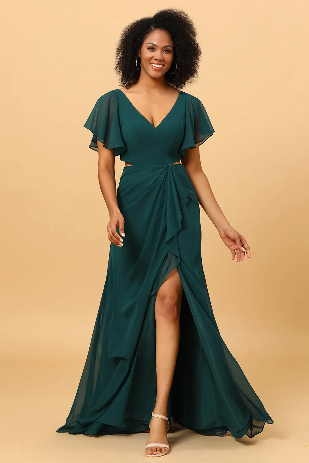 Dark Green V-Neck Long Chiffon Bridesmaid Dress with Ruffles sold by Zapaka product image thumbnail 4
