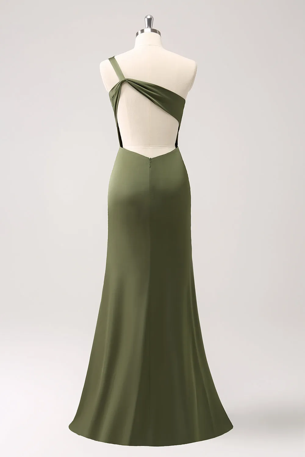 Olive One Shoulder Mermaid Satin Long Bridesmaid Dress sold by Zapaka product image thumbnail 2