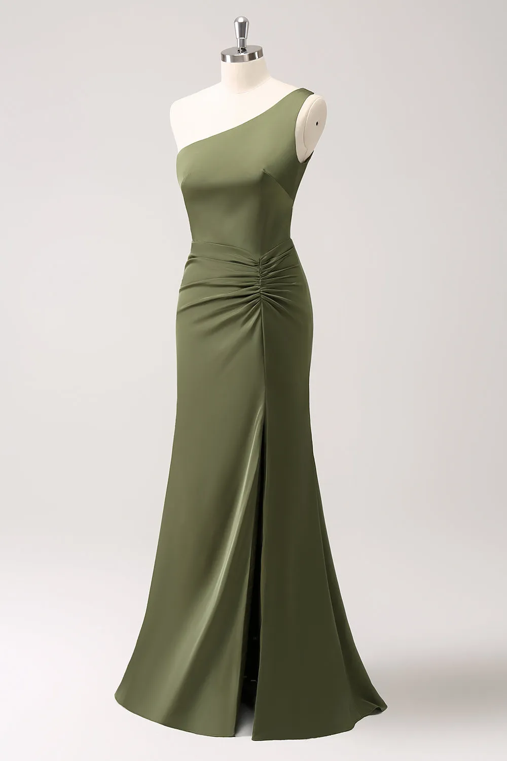 Olive One Shoulder Mermaid Satin Long Bridesmaid Dress sold by Zapaka product image thumbnail 3