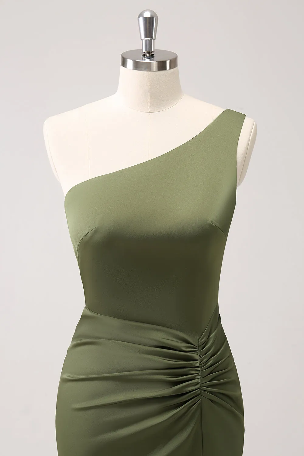 Olive One Shoulder Mermaid Satin Long Bridesmaid Dress sold by Zapaka product image thumbnail 4