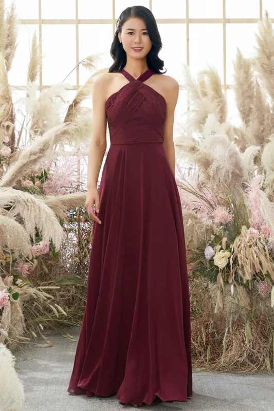 Burgundy Halter Chiffon Bridesmaid Dress sold by Zapaka