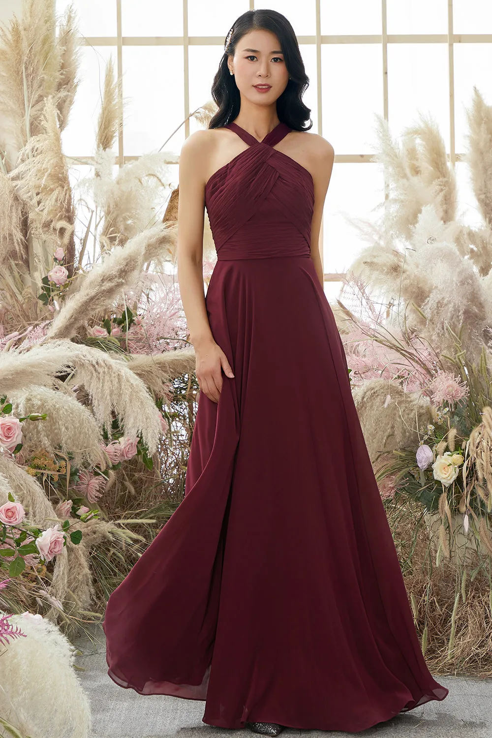 Burgundy Halter Chiffon Bridesmaid Dress sold by Zapaka product image thumbnail 5