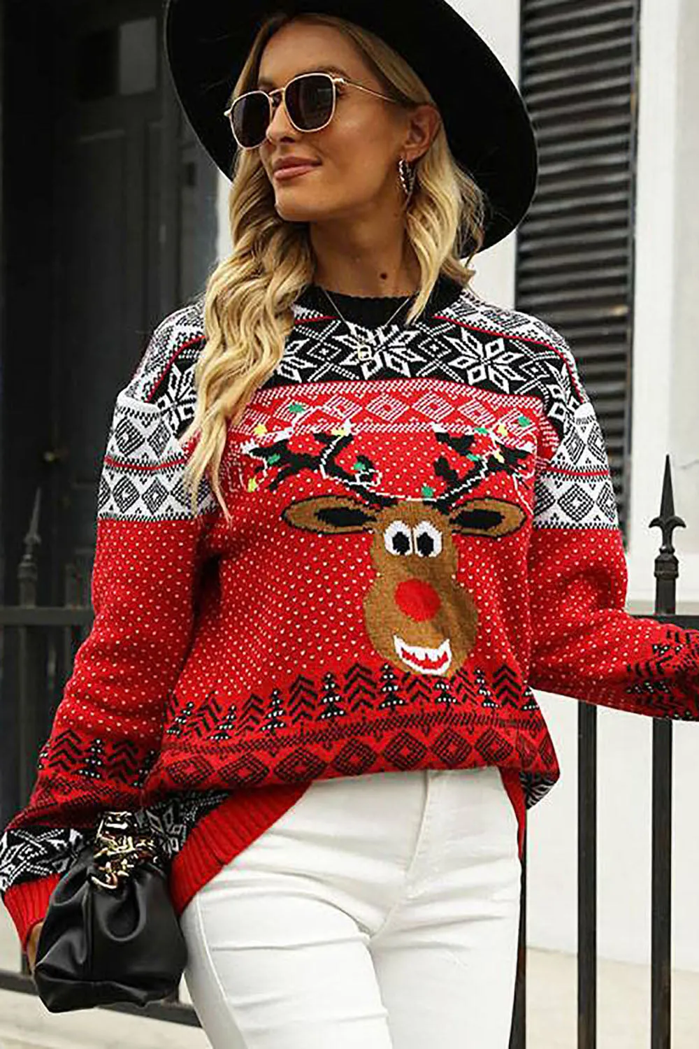 Christmas Red Elk Knitted Pullover Sweater sold by Zapaka