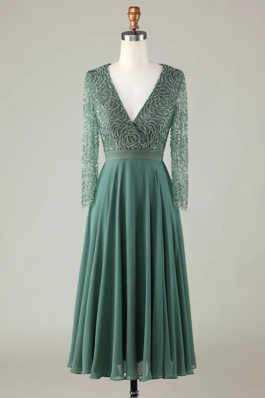 A Line Eucalyptus V-Neck Beaded Long Sleeves Bridesmaid Dress sold by Zapaka