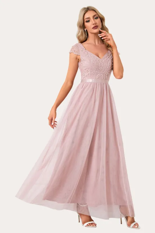 Sparkly Blush Beaded Long Tulle Prom Dress sold by Zapaka