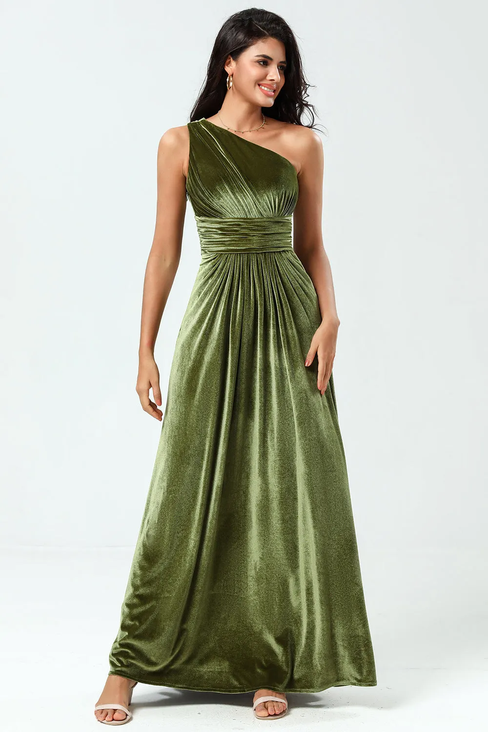 Dreaming of Elegance A Line One Shoulder Olive Velvet Long Bridesmaid Dress sold by Zapaka product image thumbnail 4