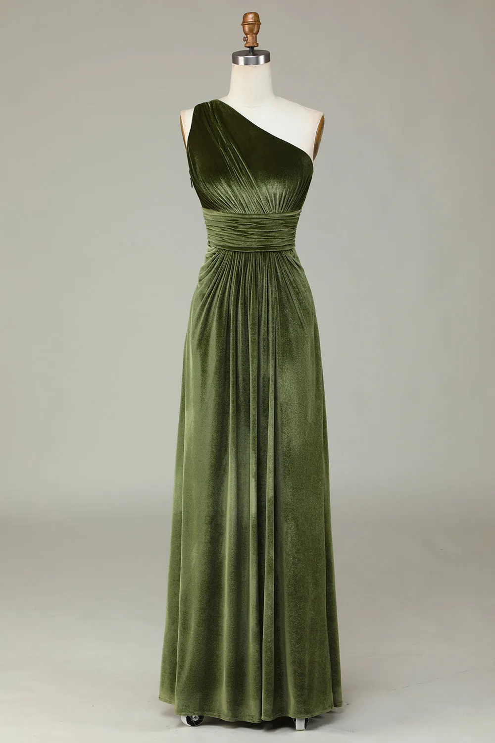 Dreaming of Elegance A Line One Shoulder Olive Velvet Long Bridesmaid Dress sold by Zapaka product image thumbnail 3