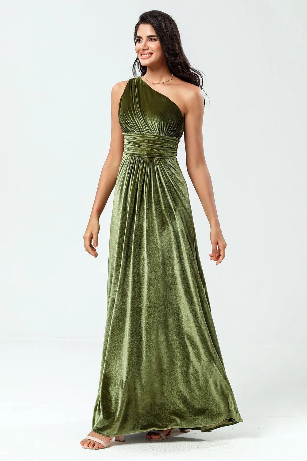Dreaming of Elegance A Line One Shoulder Olive Velvet Long Bridesmaid Dress sold by Zapaka product image thumbnail 5