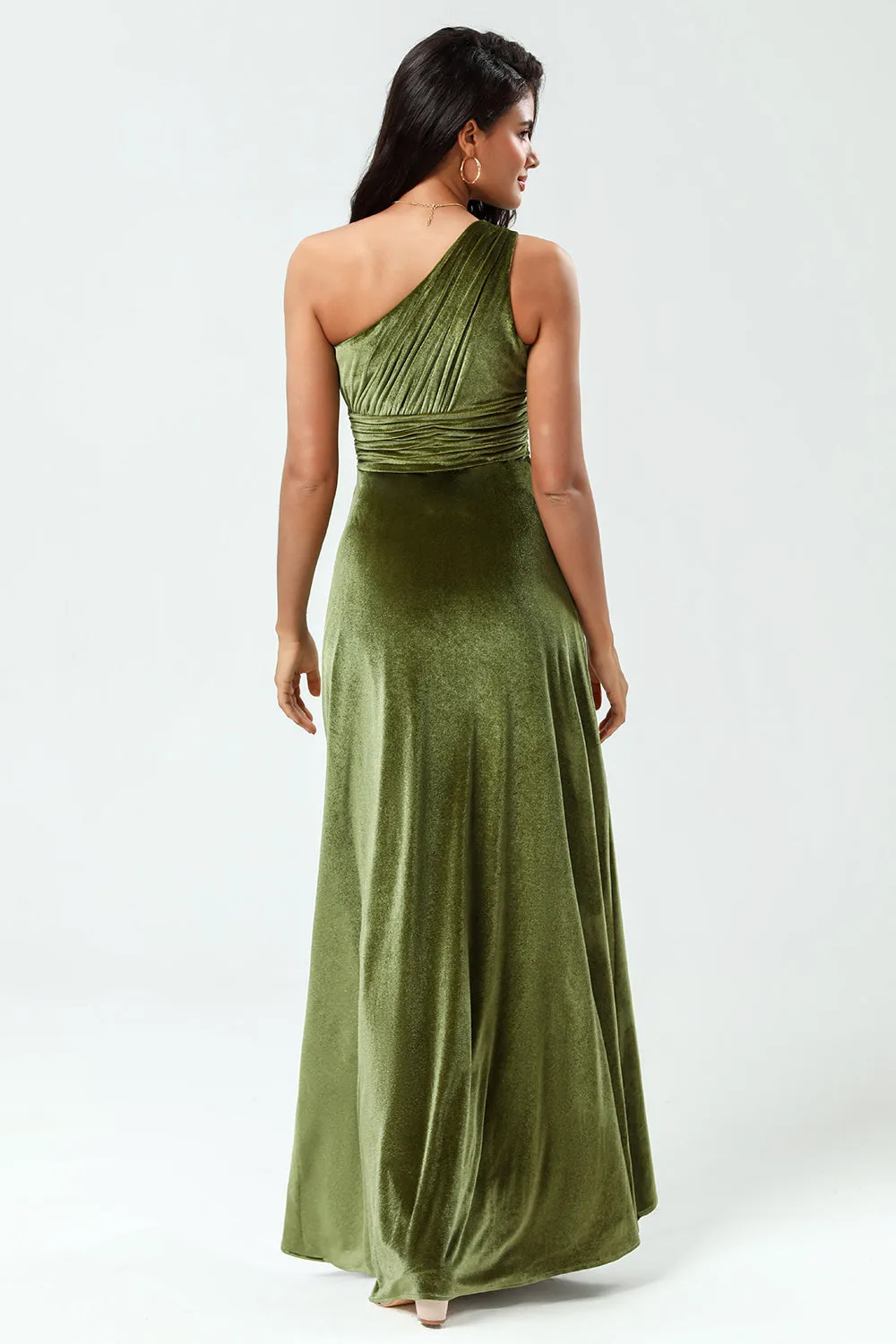 Dreaming of Elegance A Line One Shoulder Olive Velvet Long Bridesmaid Dress sold by Zapaka product image thumbnail 2