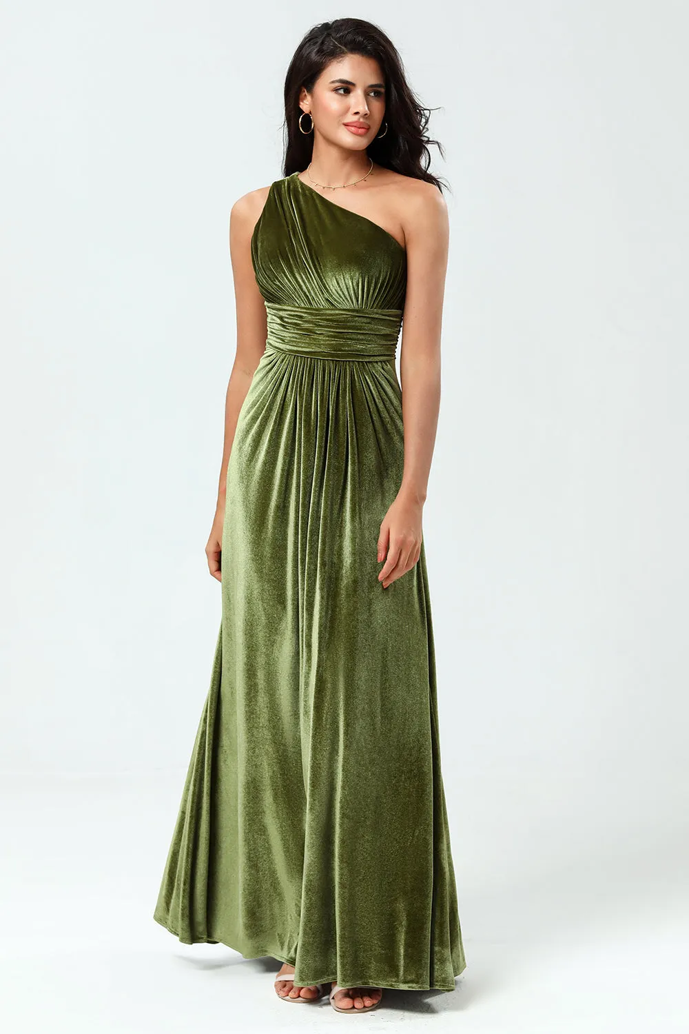 Dreaming of Elegance A Line One Shoulder Olive Velvet Long Bridesmaid Dress sold by Zapaka