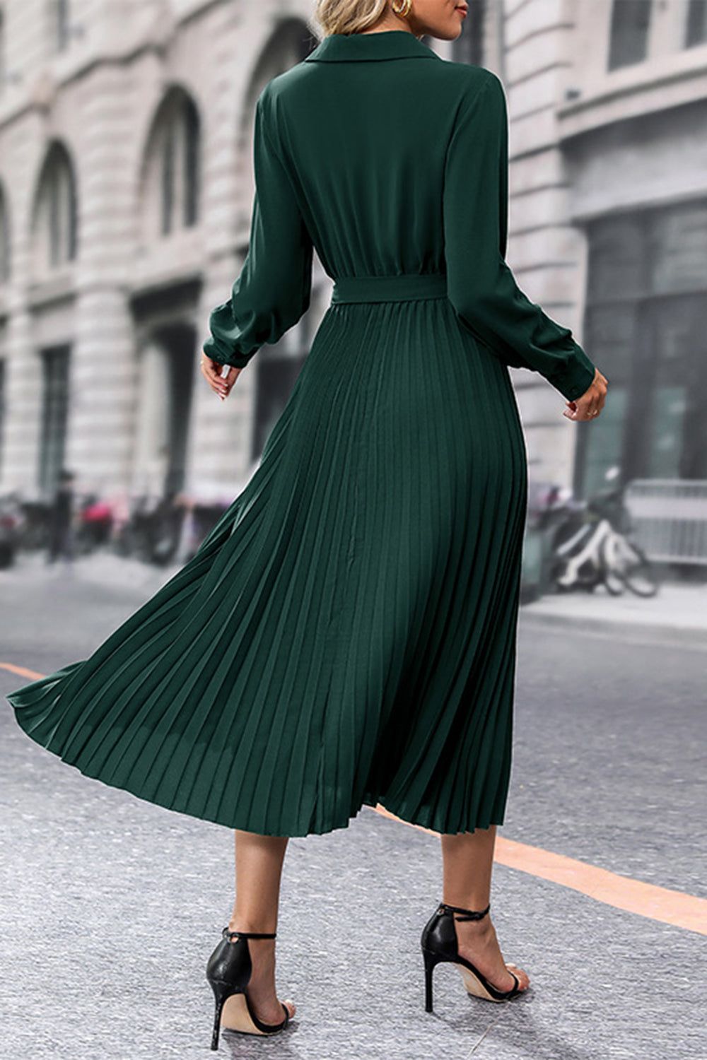 Dark Green Long Sleeves Casual Dress with Belt sold by Zapaka product image thumbnail 2