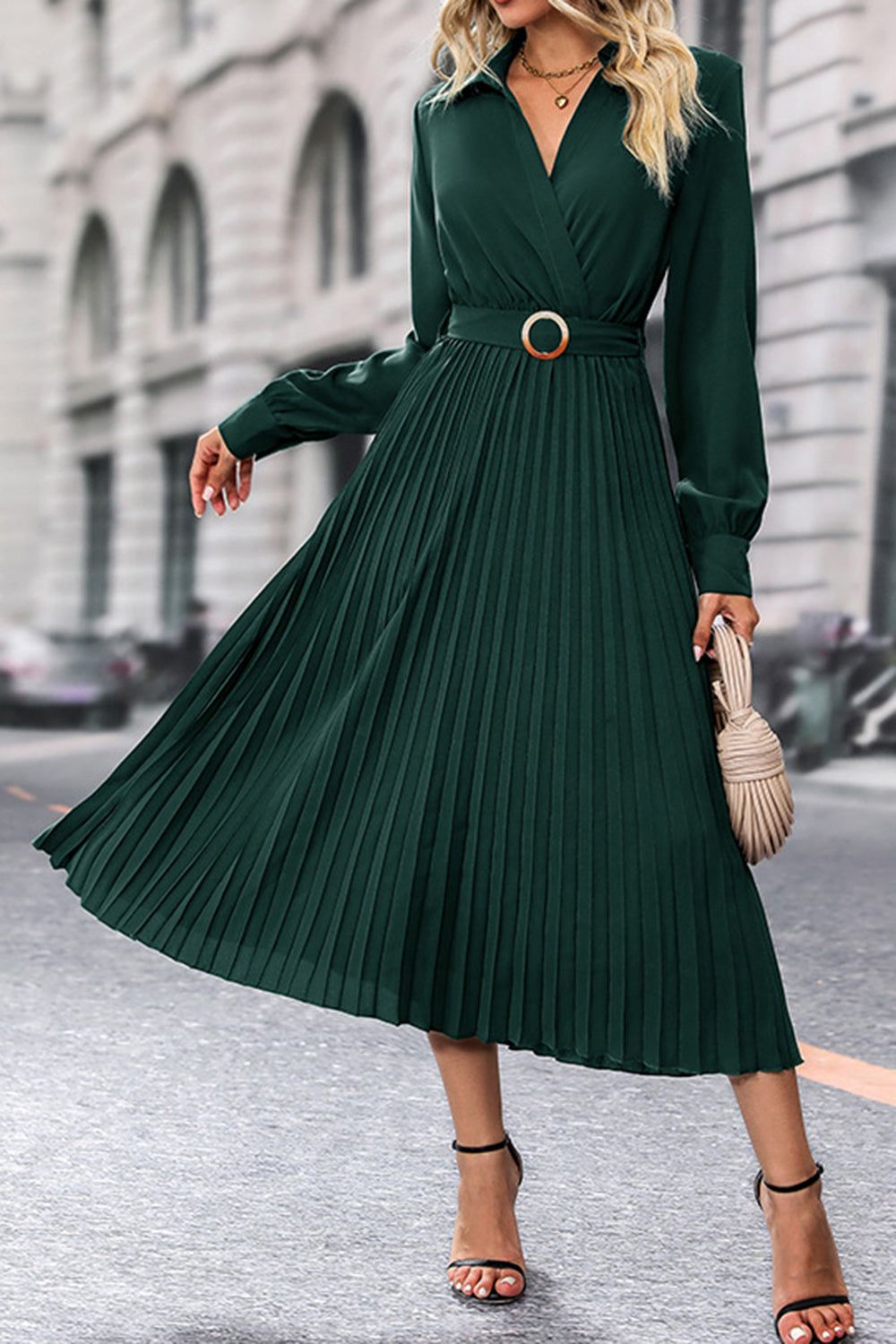 Dark Green Long Sleeves Casual Dress with Belt sold by Zapaka product image thumbnail 3