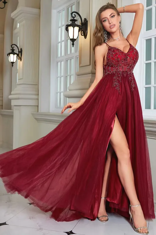 Sparkly Burgundy Beaded Long Tulle Formal Dress with Slit sold by Zapaka