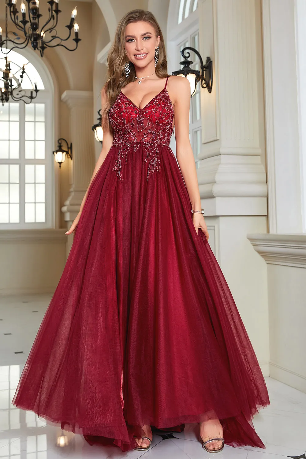 Sparkly Burgundy Beaded Long Tulle Formal Dress with Slit sold by Zapaka product image thumbnail 5