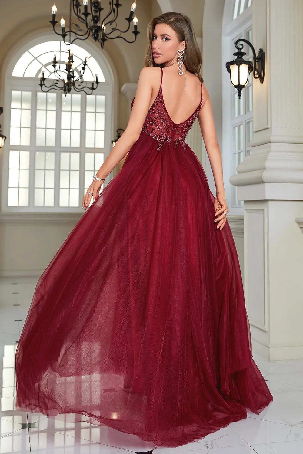 Sparkly Burgundy Beaded Long Tulle Formal Dress with Slit sold by Zapaka product image thumbnail 2