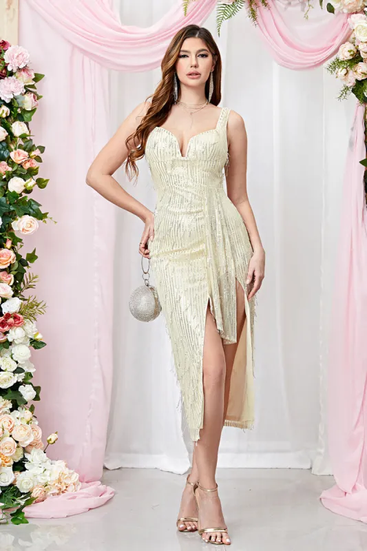 Apricot Spaghetti Straps Bodycon Long Prom Dress with Slit sold by Zapaka