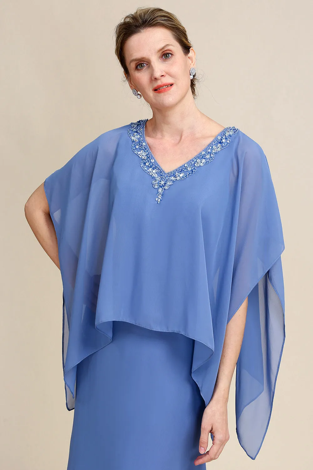 Grey Blue Sparkly Beaded Batwing Sleeves Mother of the Bride Dress sold by Zapaka product image thumbnail 5