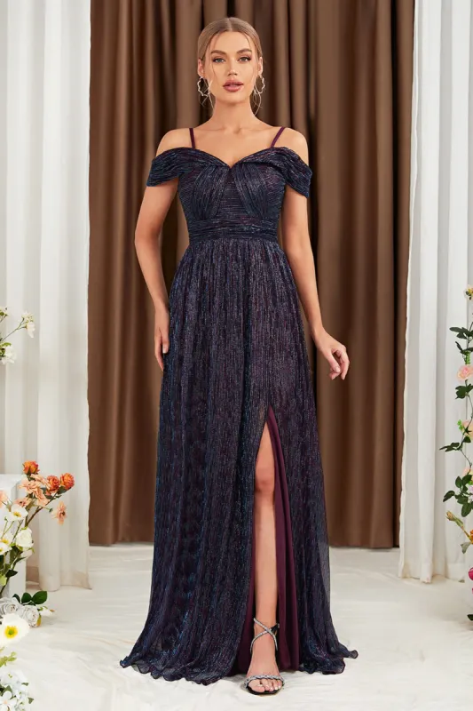 Glitter A-Line Purple Prom Dress with Shoulder sold by Zapaka