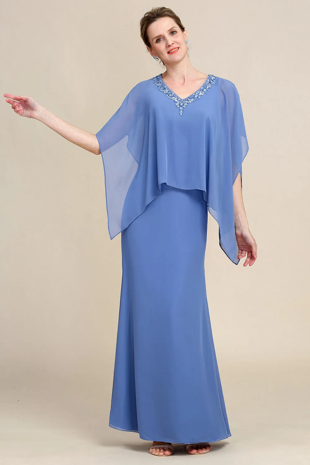 Grey Blue Sparkly Beaded Batwing Sleeves Mother of the Bride Dress sold by Zapaka product image thumbnail 4
