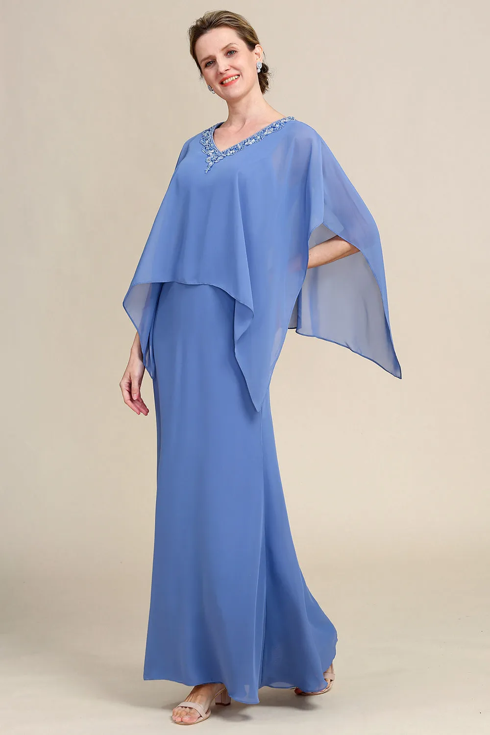Grey Blue Sparkly Beaded Batwing Sleeves Mother of the Bride Dress sold by Zapaka product image thumbnail 3