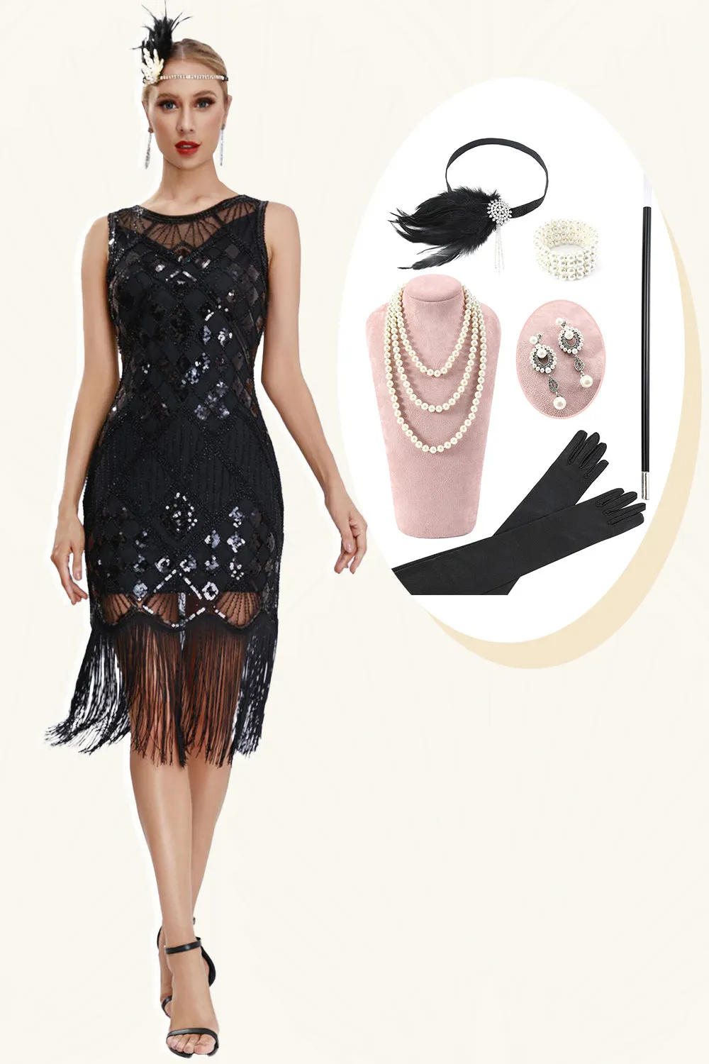 Sparkly Black Fringed 1920s Gatsby Dress with 20s Accessories Set sold by Zapaka