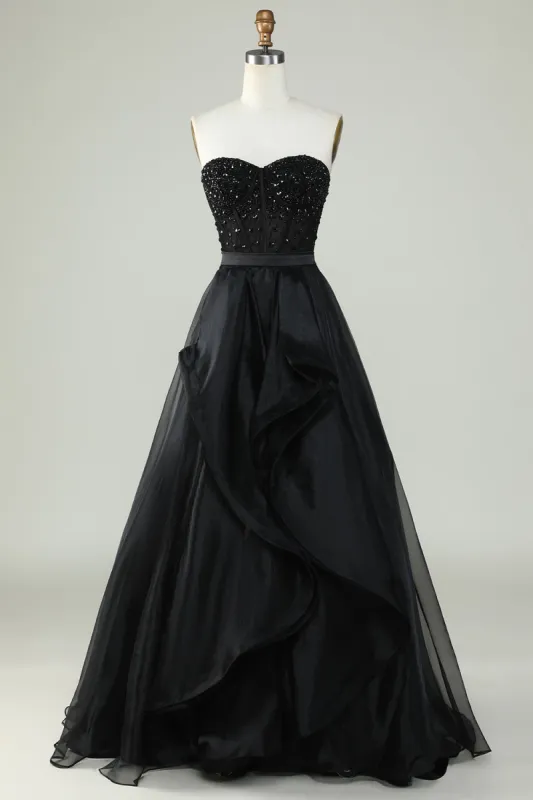 Princess A Line Sweetheart Black Strapless Ball Gown Formal Evening Dress sold by Zapaka