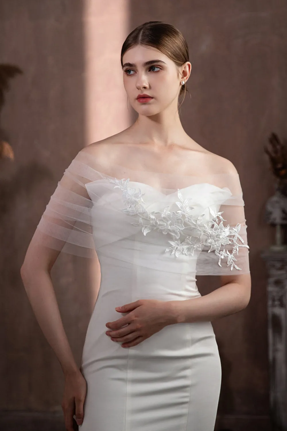 White Flower Applique Bridal Shawl sold by Zapaka