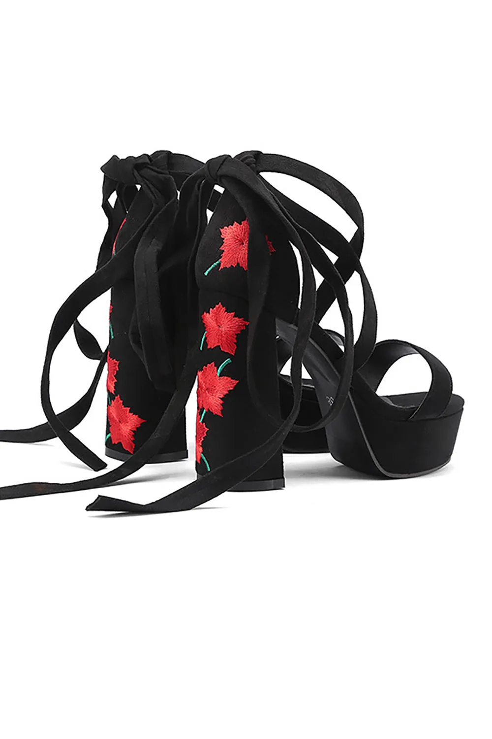 Women's Black Embroidery Strappy Chunky Heel Open Toe Sandals Shoes sold by Zapaka product image thumbnail 4