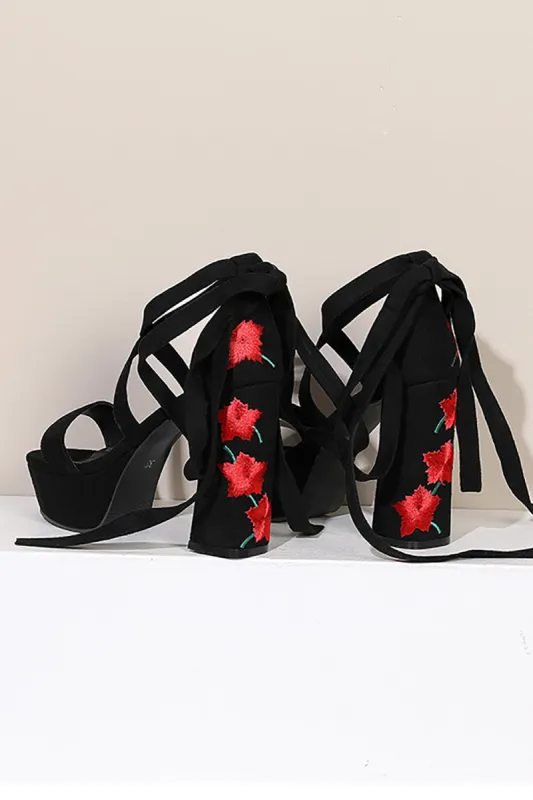 Women's Black Embroidery Strappy Chunky Heel Open Toe Sandals Shoes sold by Zapaka