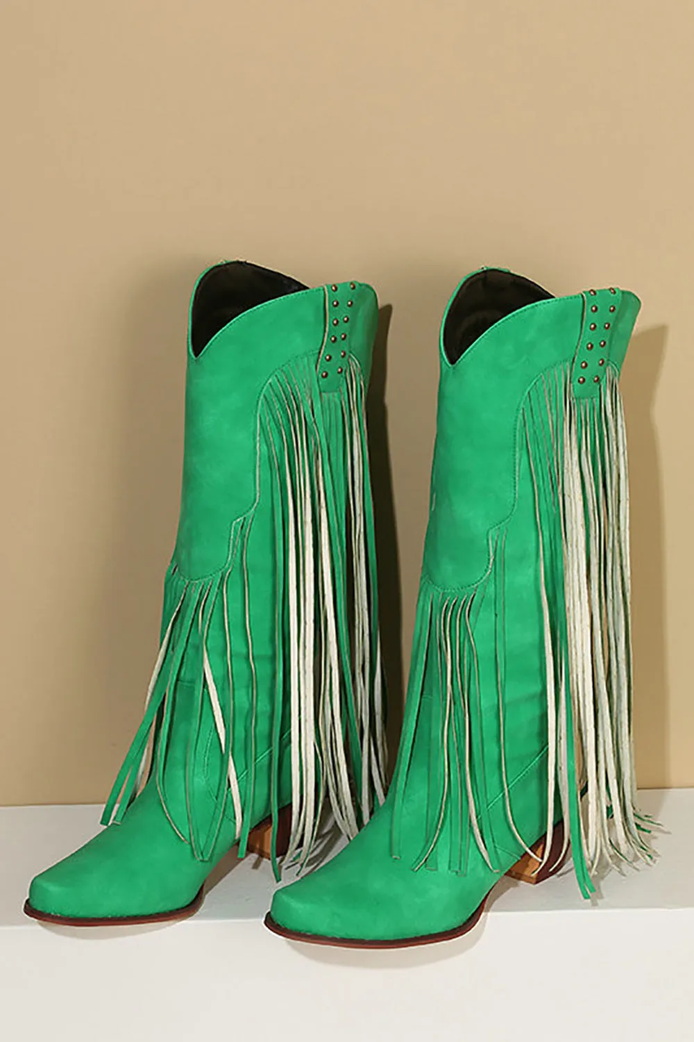 Blue Pointed Toe Wood Grain Thick Heel Boots with Tassel sold by Zapaka product image thumbnail 4
