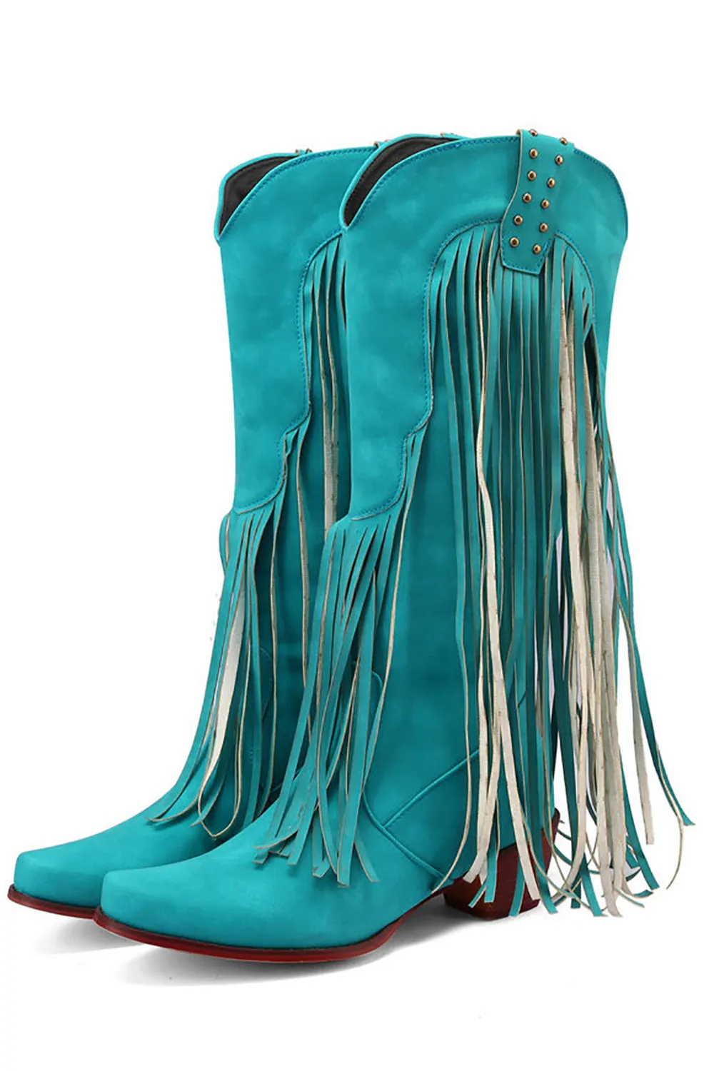 Blue Pointed Toe Wood Grain Thick Heel Boots with Tassel sold by Zapaka