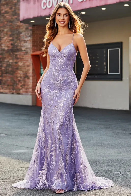 Lilac Sparkly Mermaid Long Prom Dress with Beading sold by Zapaka