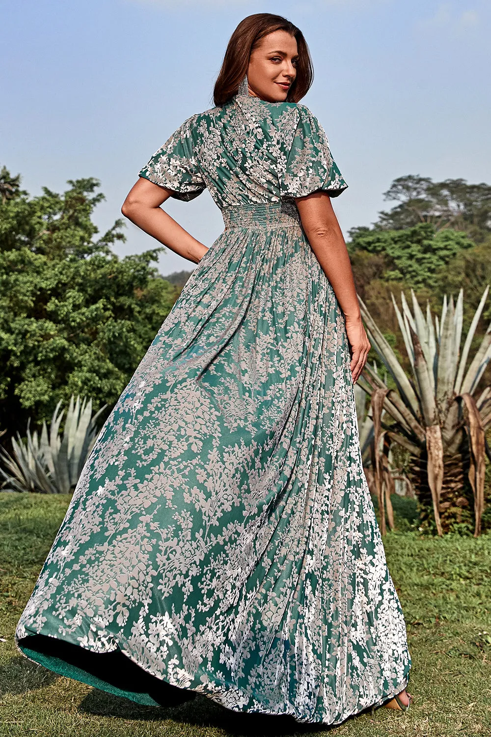 A Line V Neck Green Floral Printed Plus Size Prom Dress with Short Sleeves sold by Zapaka product image thumbnail 2