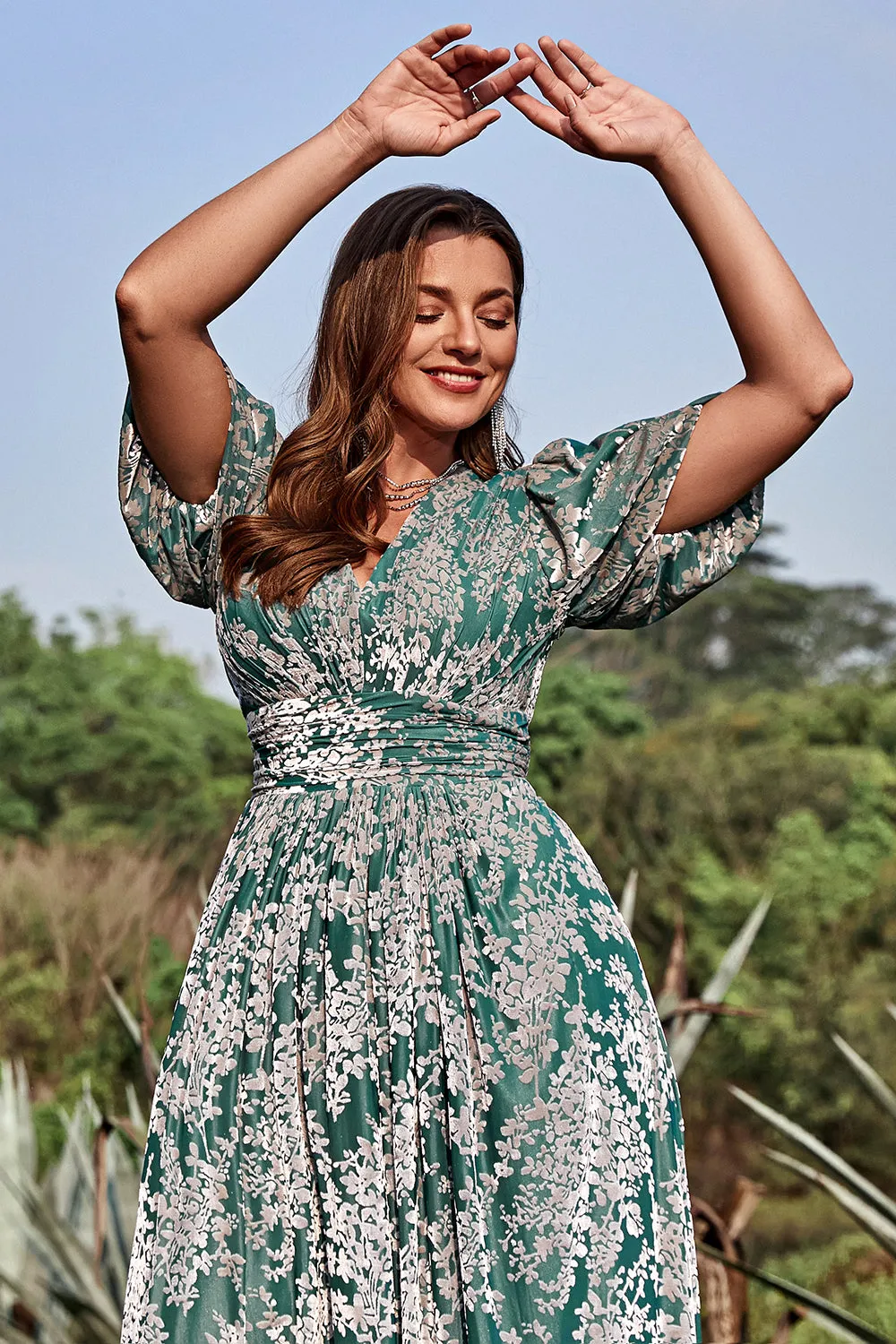 A Line V Neck Green Floral Printed Plus Size Prom Dress with Short Sleeves sold by Zapaka product image thumbnail 5
