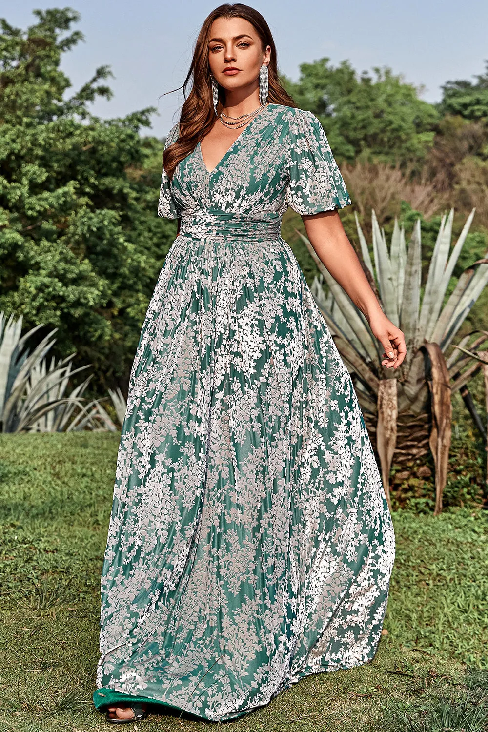A Line V Neck Green Floral Printed Plus Size Prom Dress with Short Sleeves sold by Zapaka product image thumbnail 3