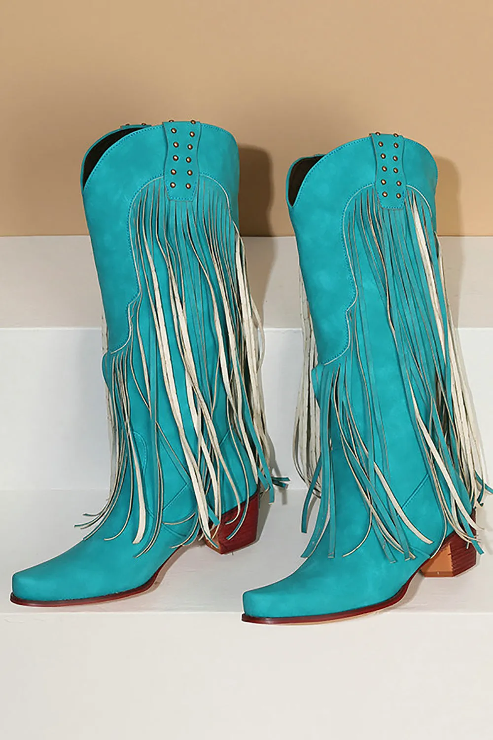 Blue Pointed Toe Wood Grain Thick Heel Boots with Tassel sold by Zapaka product image thumbnail 2