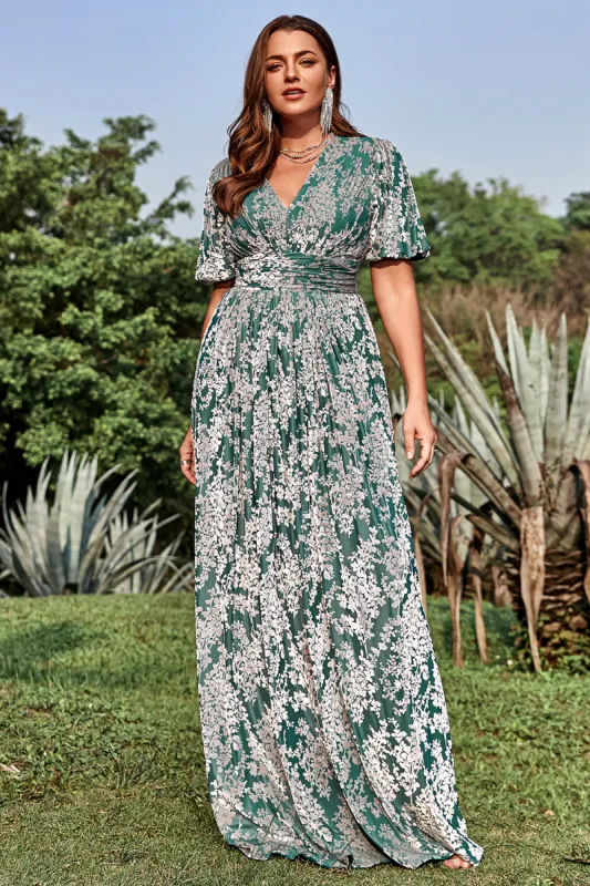 A Line V Neck Green Floral Printed Plus Size Prom Dress with Short Sleeves sold by Zapaka