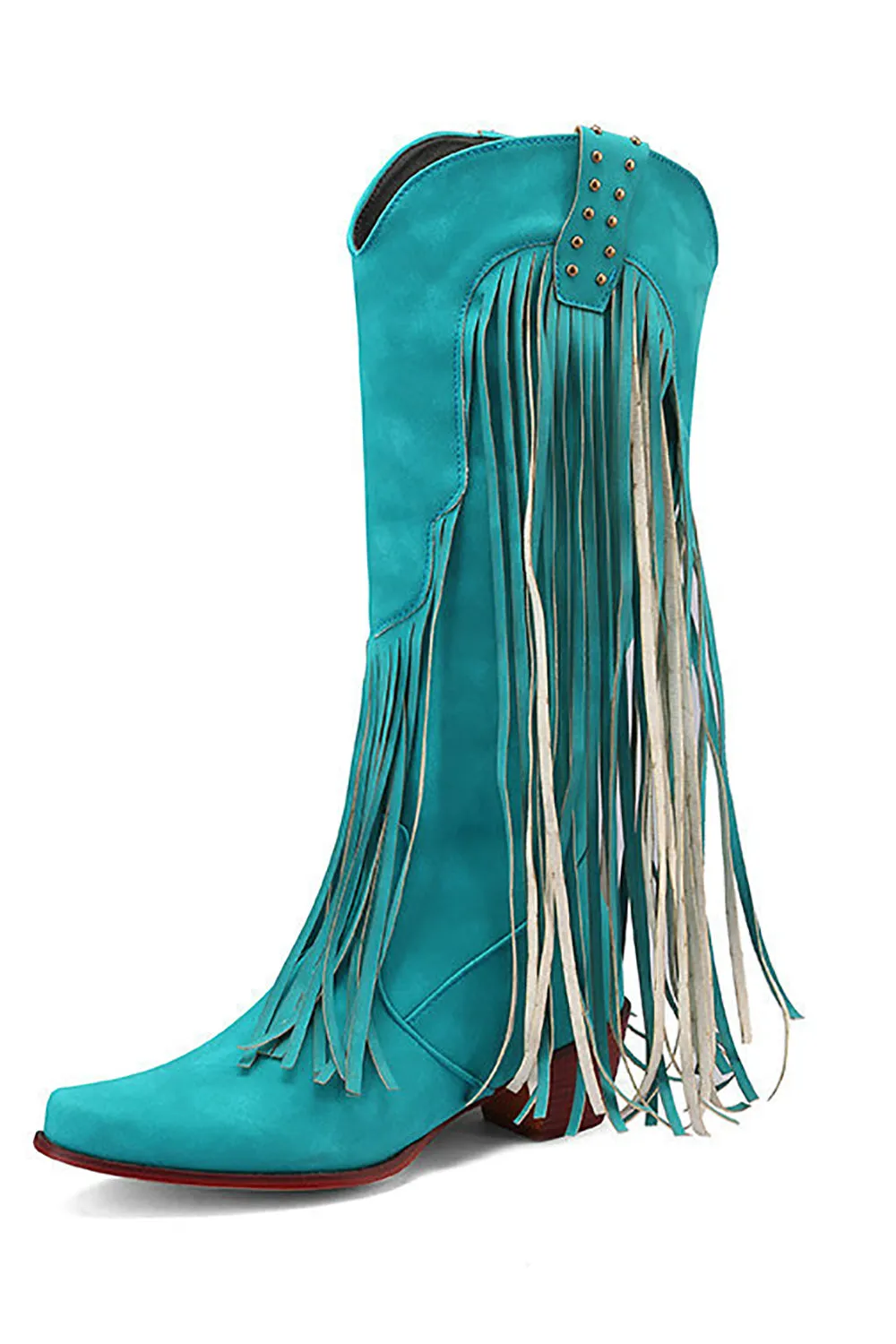 Blue Pointed Toe Wood Grain Thick Heel Boots with Tassel sold by Zapaka product image thumbnail 3