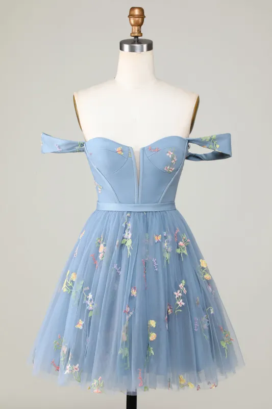Cute A Line Sweetheart Grey Blue Short Homecoming Dress with Embroidery sold by Zapaka