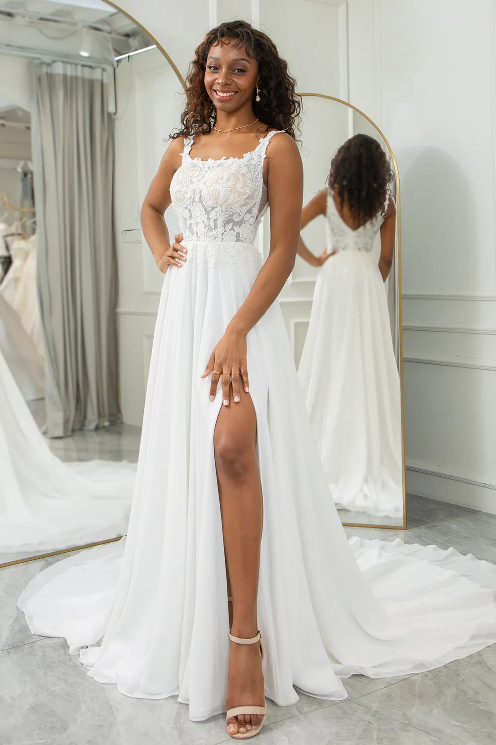 Ivory Scoop Neck Boho Chiffon Wedding Dress with Lace sold by Zapaka product image thumbnail 3