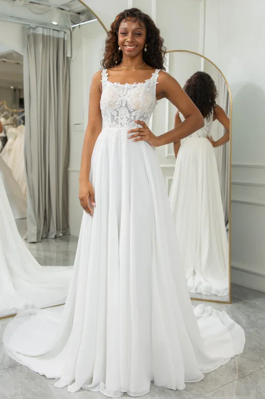 Ivory Scoop Neck Boho Chiffon Wedding Dress with Lace sold by Zapaka