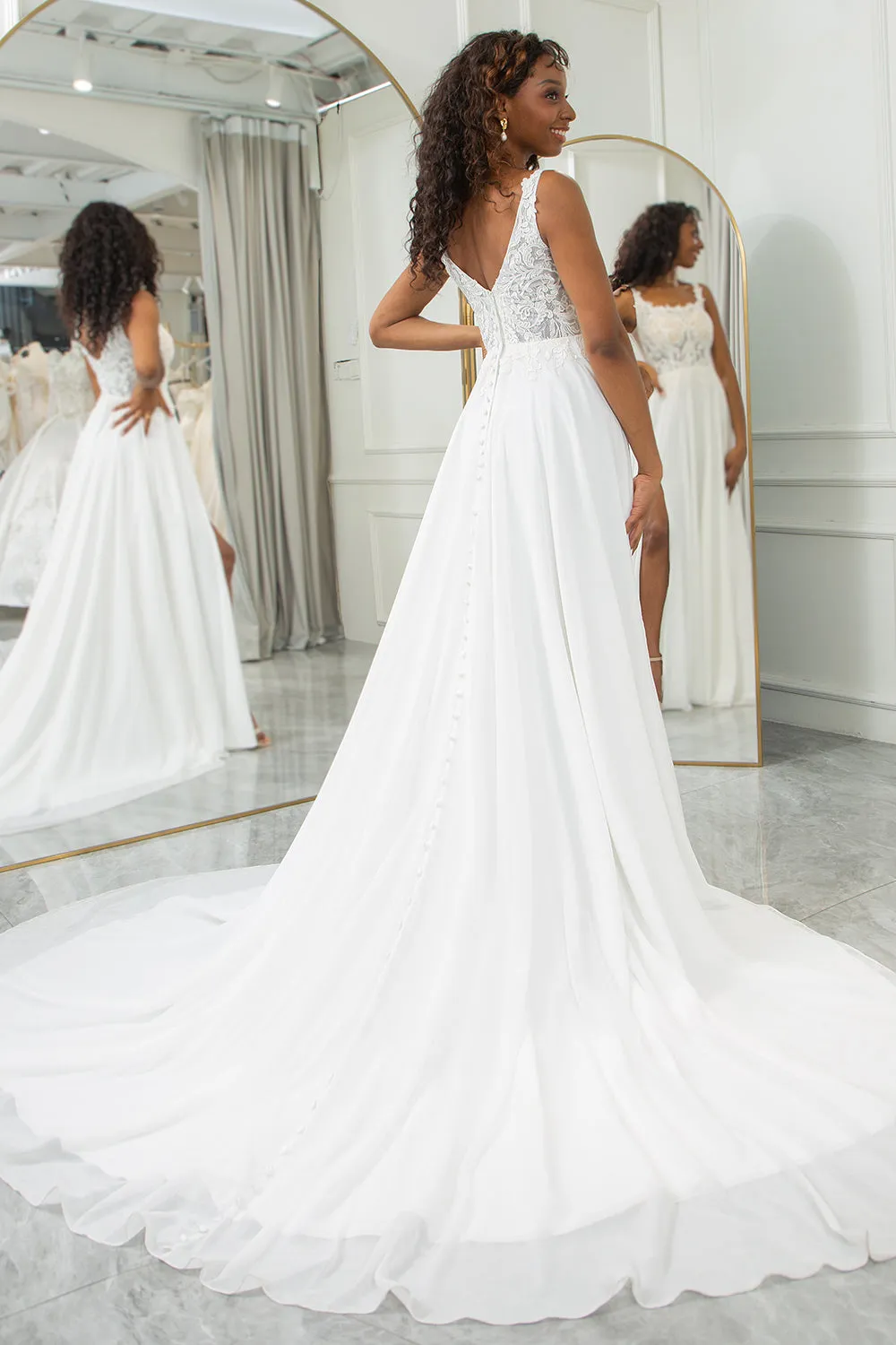 Ivory Scoop Neck Boho Chiffon Wedding Dress with Lace sold by Zapaka product image thumbnail 2