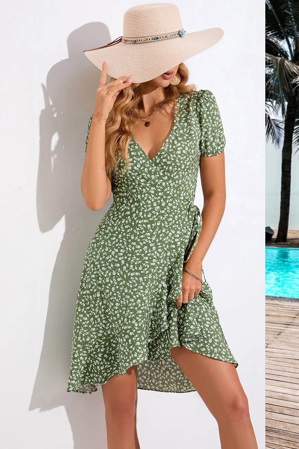 Green A Line Printed V Neck Summer Dress With Short Sleeves sold by Zapaka product image thumbnail 4