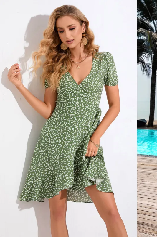 Green A Line Printed V Neck Summer Dress With Short Sleeves sold by Zapaka