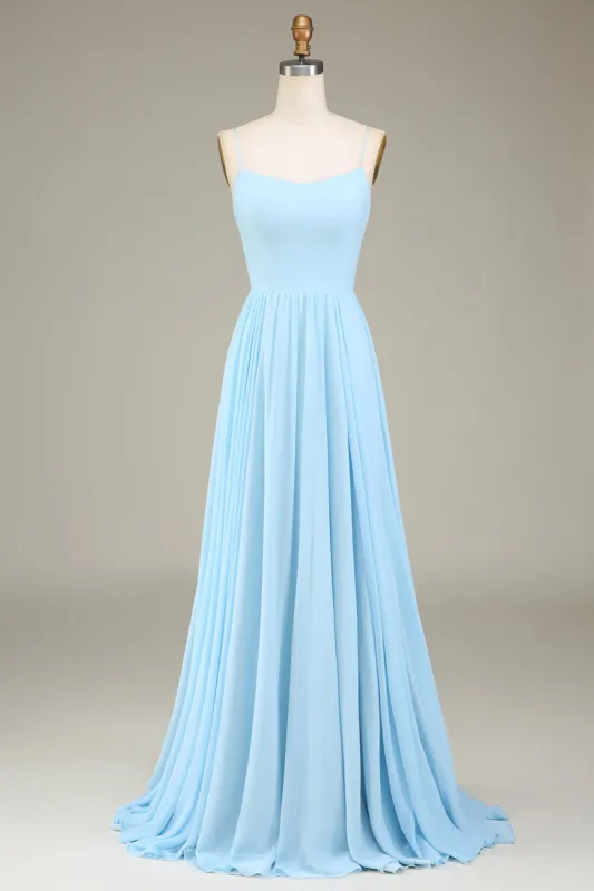 A-Line Spaghetti Straps Sky Blue Chiffon Long Bridesmaid Dress sold by Zapaka